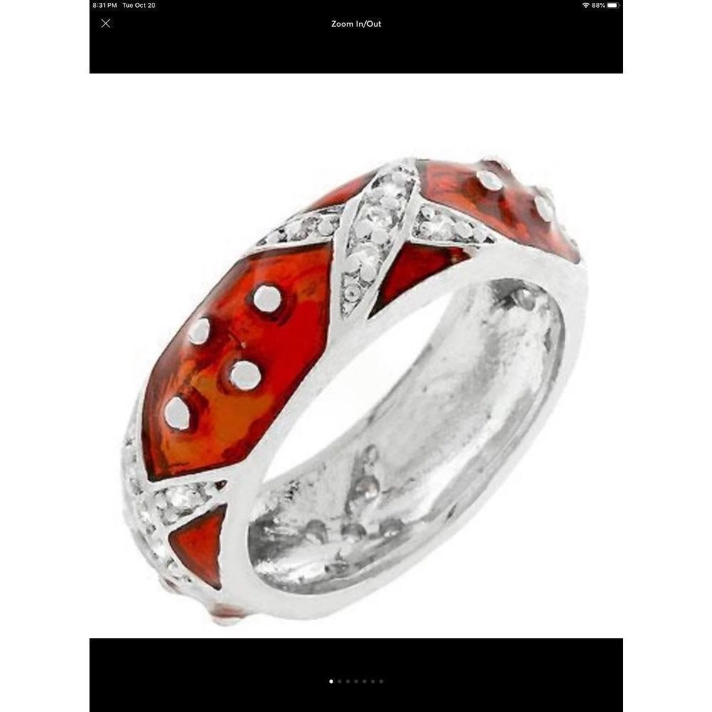 Silver Red Enamel & CZ "X" Stack Band Ring Sz 9
